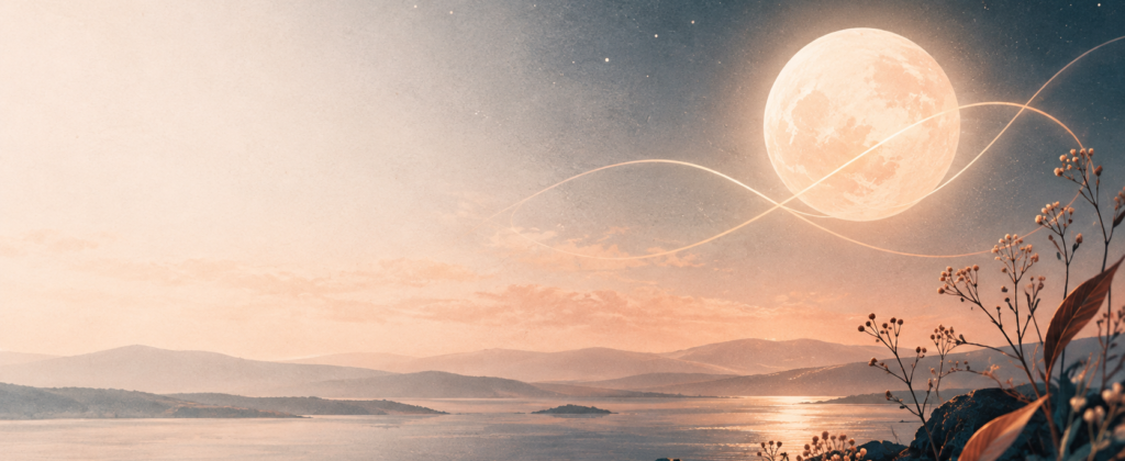 Lua luminosa sobre uma paisagem serena, com linhas de luz nas cores do Instituto Para Sempre Luna.