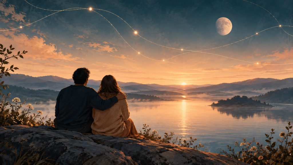 Duas pessoas se acolhem diante de um lago ao amanhecer, sob a lua.