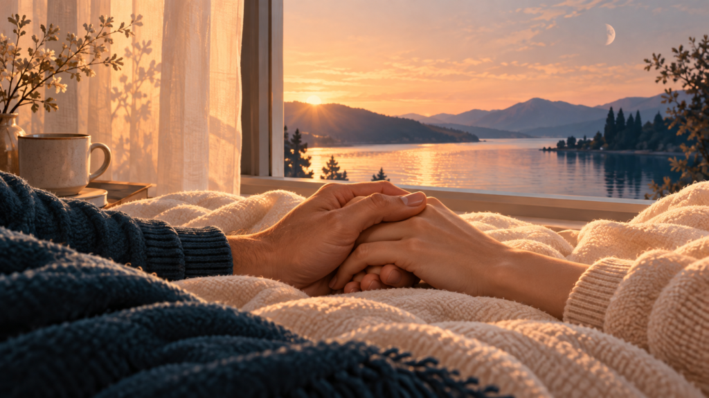Duas pessoas de mãos dadas diante de uma janela com vista para o lago ao amanhecer
