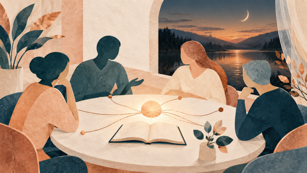 Ilustração de profissionais sem rostos reunidos em torno de uma mesa, em uma conversa sobre cuidado e acolhimento