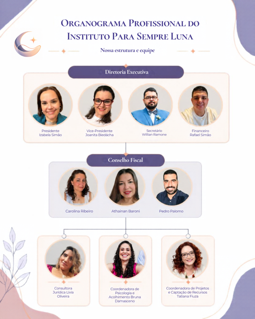 Organograma do Instituto Para Sempre Luna, com a diretoria executiva, o conselho fiscal e as profissionais colaboradoras